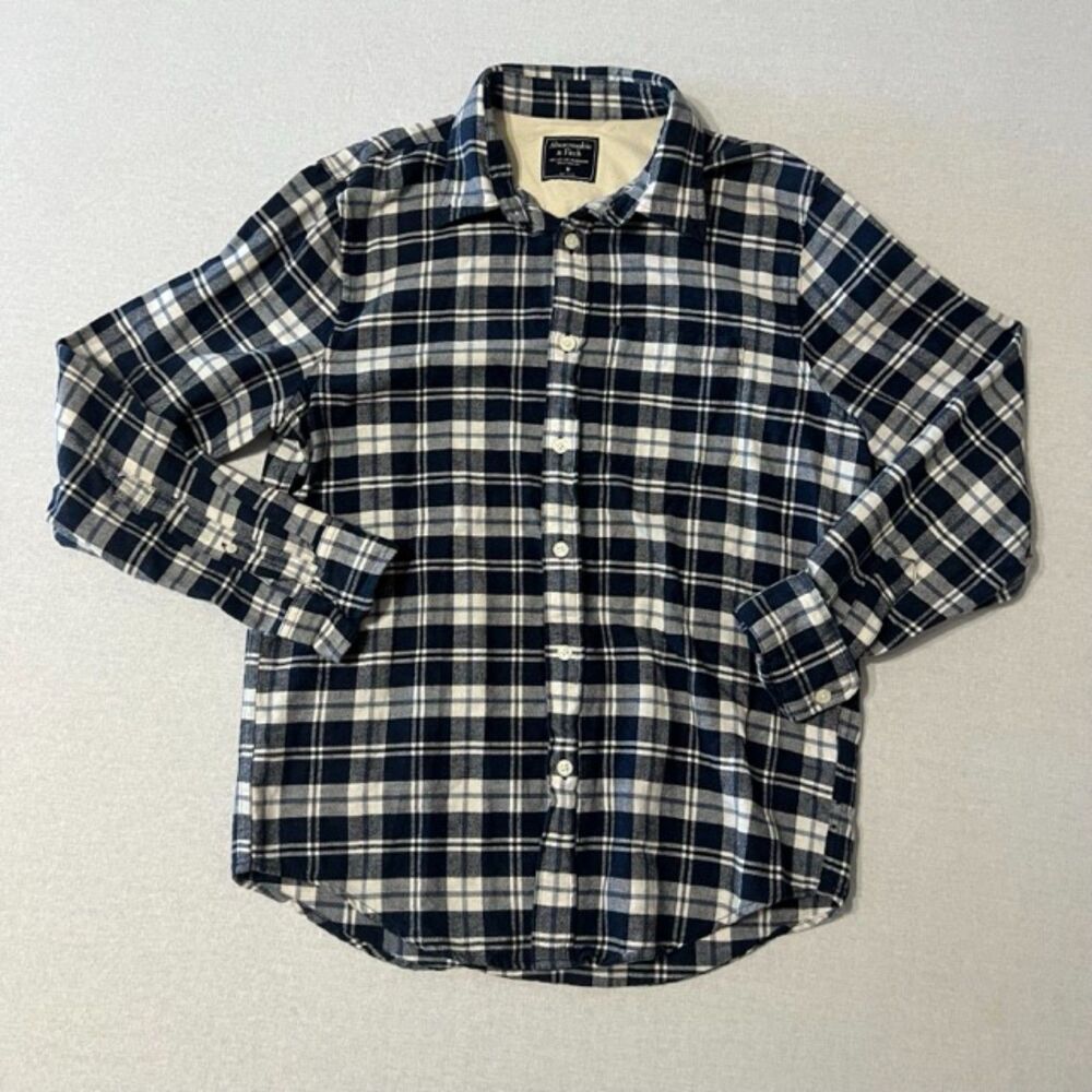 Abercrombie & Fitch Mens M Navy Cream Plaid Flannel Shirt Cotton Button Down